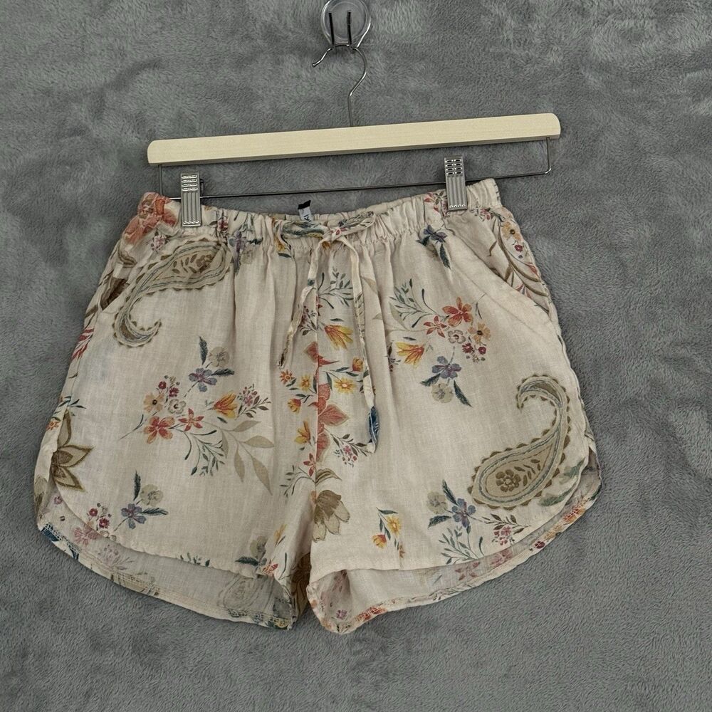 Zuiki Linen Shorts Womens S Cream Floral Paisley Drawstring Elastic Waist Italy